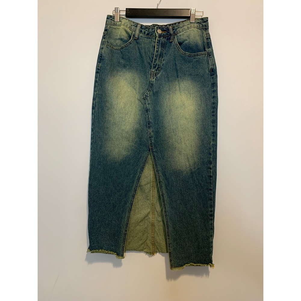 FN Denim Maxi Skirt Blue Sandblast Wash Front Slit Raw Hem Size‎ M
